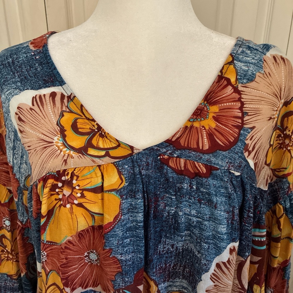 BUCKETLIST  BOHO Blue Floral V-Neck Tunic with Mustard & Rust Accents